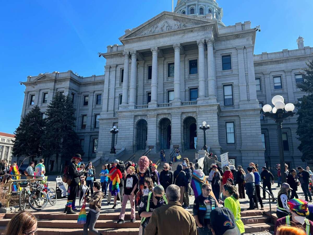 LGBTQ advocates rally at the state capitol in Denver, Colorado, on March 24, 2023.