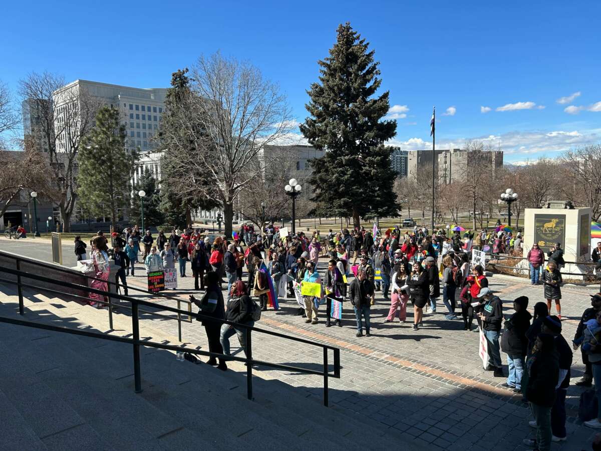 LGBTQ advocates rally at the state capitol in Denver, Colorado, on March 24, 2023.
