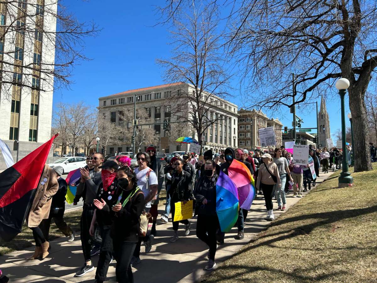 LGBTQ advocates rally at the state capitol in Denver, Colorado, on March 24, 2023.