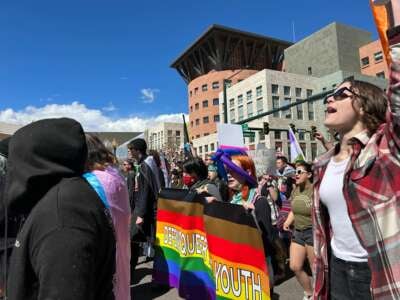 LGBTQ advocates rally at the state capitol in Denver, Colorado, on March 24, 2023.