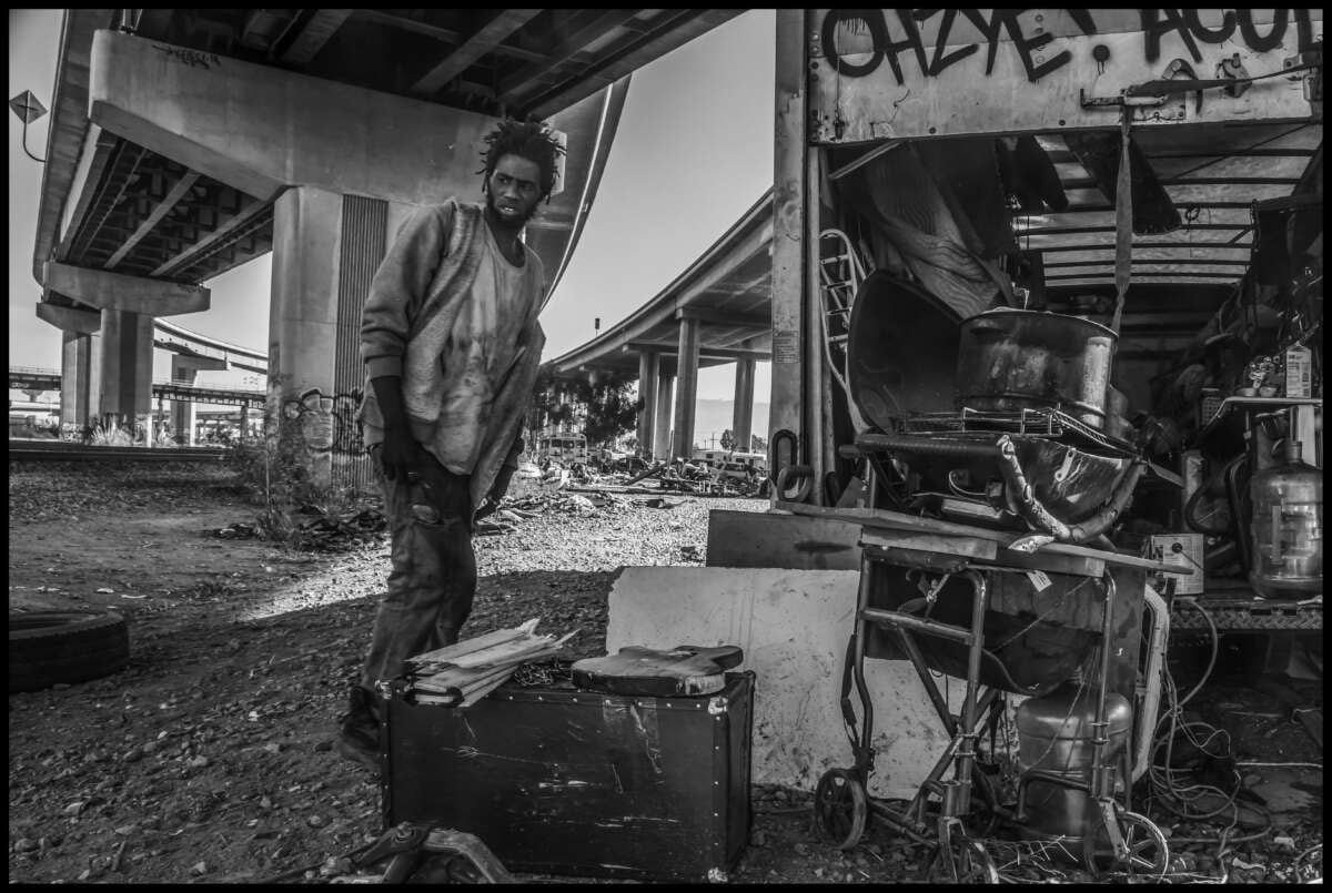 A resident prepared to leave the Wood Street encampment, packing his belongings into his old truck.