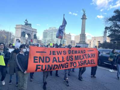 Jewish New Yorkers protest the U.S. government's military support for Israel on March 5, 2023 in Brooklyn, NY.