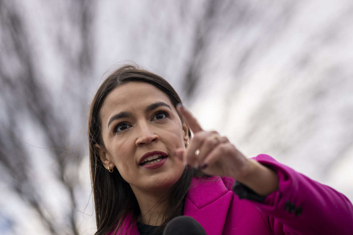 Rep. Alexandria Ocasio-Cortez speaks during a news conference outside the U.S. Capitol on January 26, 2023 in Washington, D.C.