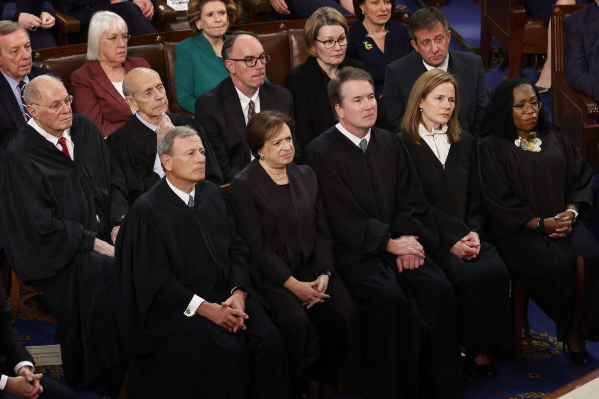 (L-R) Former Supreme Court justices Anthony Kennedy and Stephen Breyer join Chief Justice John Roberts and current associate justices Elena Kagan, Brett Kavanaugh, Amy Coney Barrett and Ketanji Brown Jackson for U.S. President Joe Biden's State of the Union address to a joint session of Congress at the U.S. Capitol on February 07, 2023 in Washington, D.C.