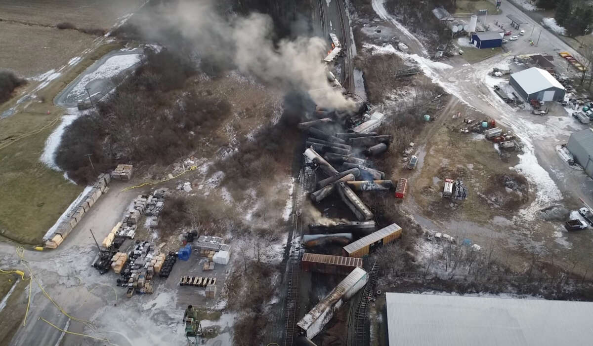 This video screenshot released by the U.S. National Transportation Safety Board shows the site of a derailed freight train in East Palestine, Ohio, in February 2023.