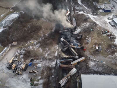 This video screenshot released by the U.S. National Transportation Safety Board shows the site of a derailed freight train in East Palestine, Ohio, in February 2023.