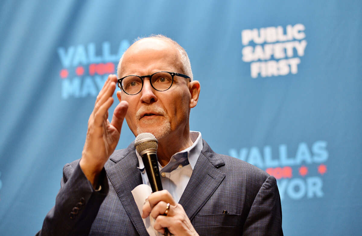 Paul Vallas makes a statement during a meeting with supporters at Copernicus Center in Chicago on April 1, 2023.