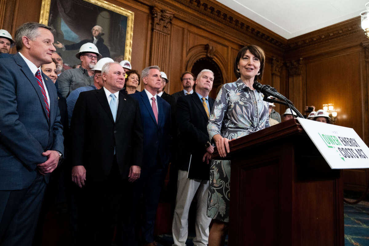 Rep. Cathy McMorris Rodgers, chair of the House Energy and Commerce Committee, speaks during a news conference after the House passed the Lower Energy Costs Act in the U.S. Capitol on March 30, 2023.