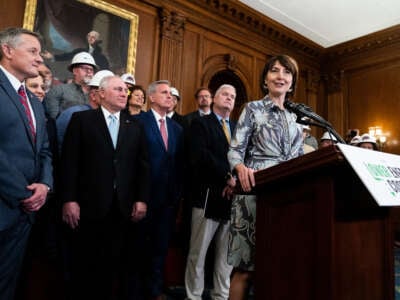 Rep. Cathy McMorris Rodgers, chair of the House Energy and Commerce Committee, speaks during a news conference after the House passed the Lower Energy Costs Act in the U.S. Capitol on March 30, 2023.