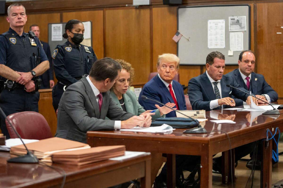 Former President Donald Trump appears in court at the Manhattan Criminal Court in New York on April 4, 2023.