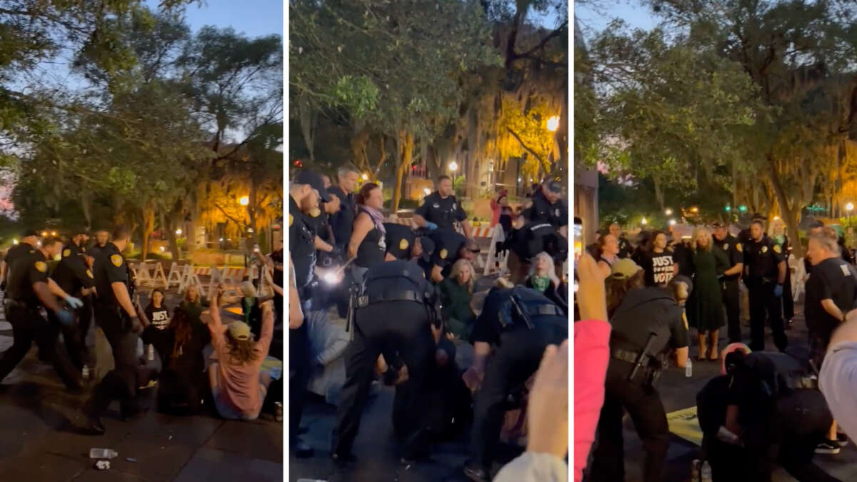 Screengrabs of video footage that shows protesters, including two Florida Democratic leaders, being arrested during a demonstration against a proposed six-week abortion ban on April 3, 2023.