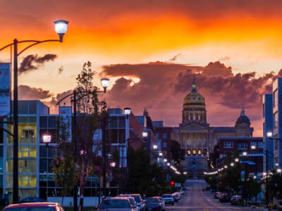 The Iowa State Capitol Building is pictured at sunrise in Des Moines, Iowa.
