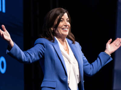 Gov. Kathy Hochul greets the crowd at an election night watch party in New York City on November 9, 2022.