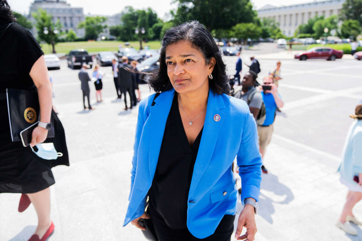 Rep. Pramila Jayapal is seen on the House steps of the U.S. Capitol during the last votes of the week on June 16, 2022.