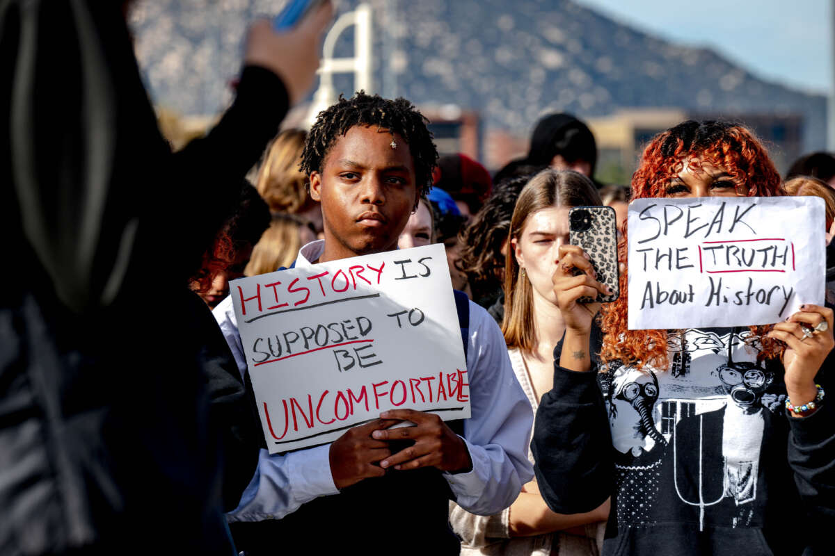 Students from Great Oak High School protest their school district's ban of critical race theory curriculum at Patricia H. Birdsall Sports Park in Temecula, California, on December 16, 2022.