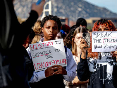 Students from Great Oak High School protest their school district's ban of critical race theory curriculum at Patricia H. Birdsall Sports Park in Temecula, California, on December 16, 2022.