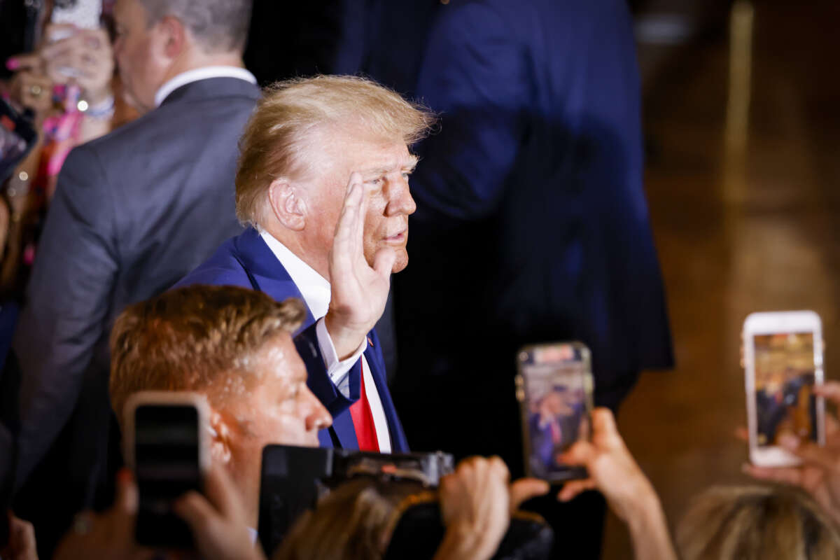 Former President Donald Trump arrives to make statements at his Mar-a-Lago estate after being arraigned in New York City, on April 4, 2023, in Palm Beach, Florida.