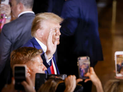 Former President Donald Trump arrives to make statements at his Mar-a-Lago estate after being arraigned in New York City, on April 4, 2023, in Palm Beach, Florida.