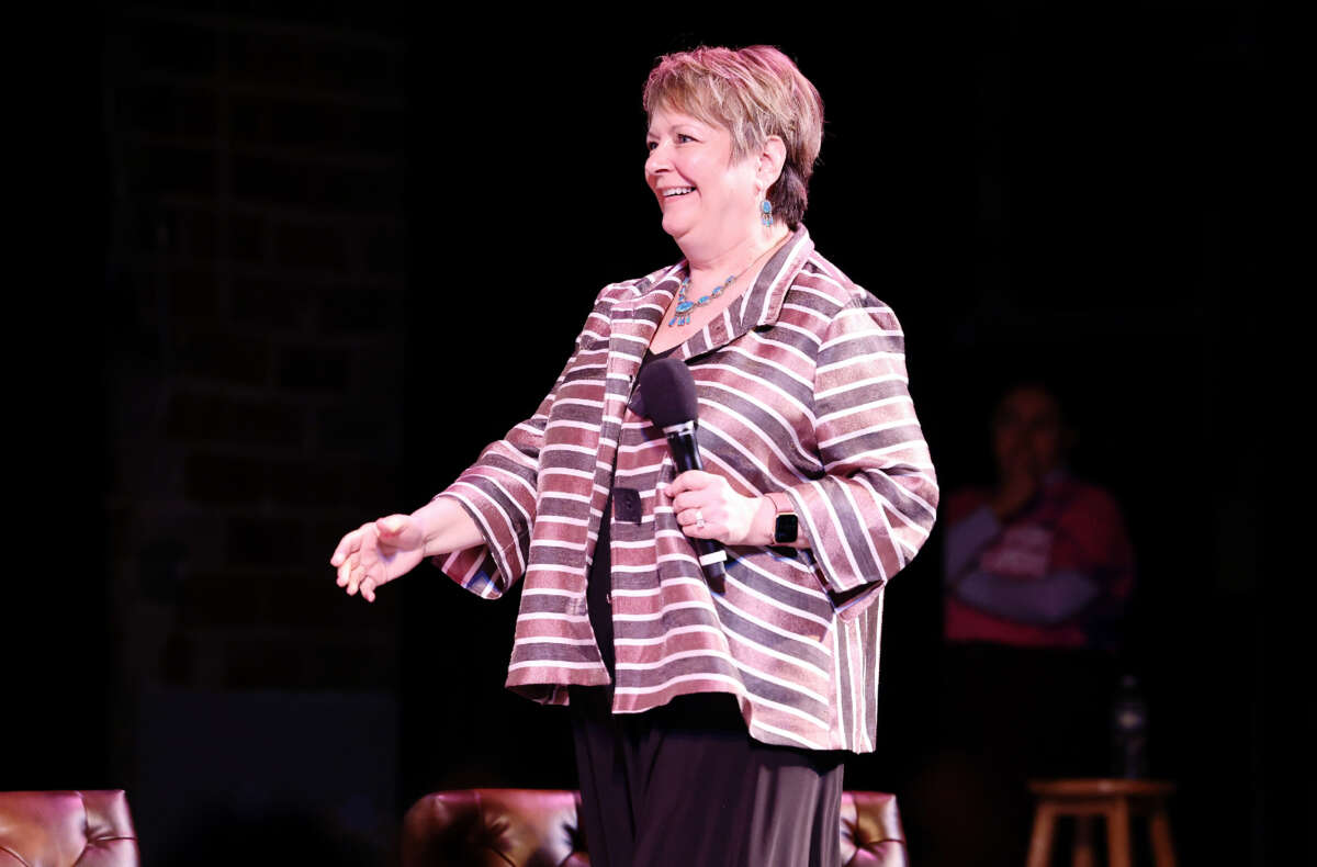 Judge Janet Protasiewicz onstage during the live taping of "Pod Save America," hosted by WisDems at the Barrymore Theater on March 18, 2023, in Madison, Wisconsin.