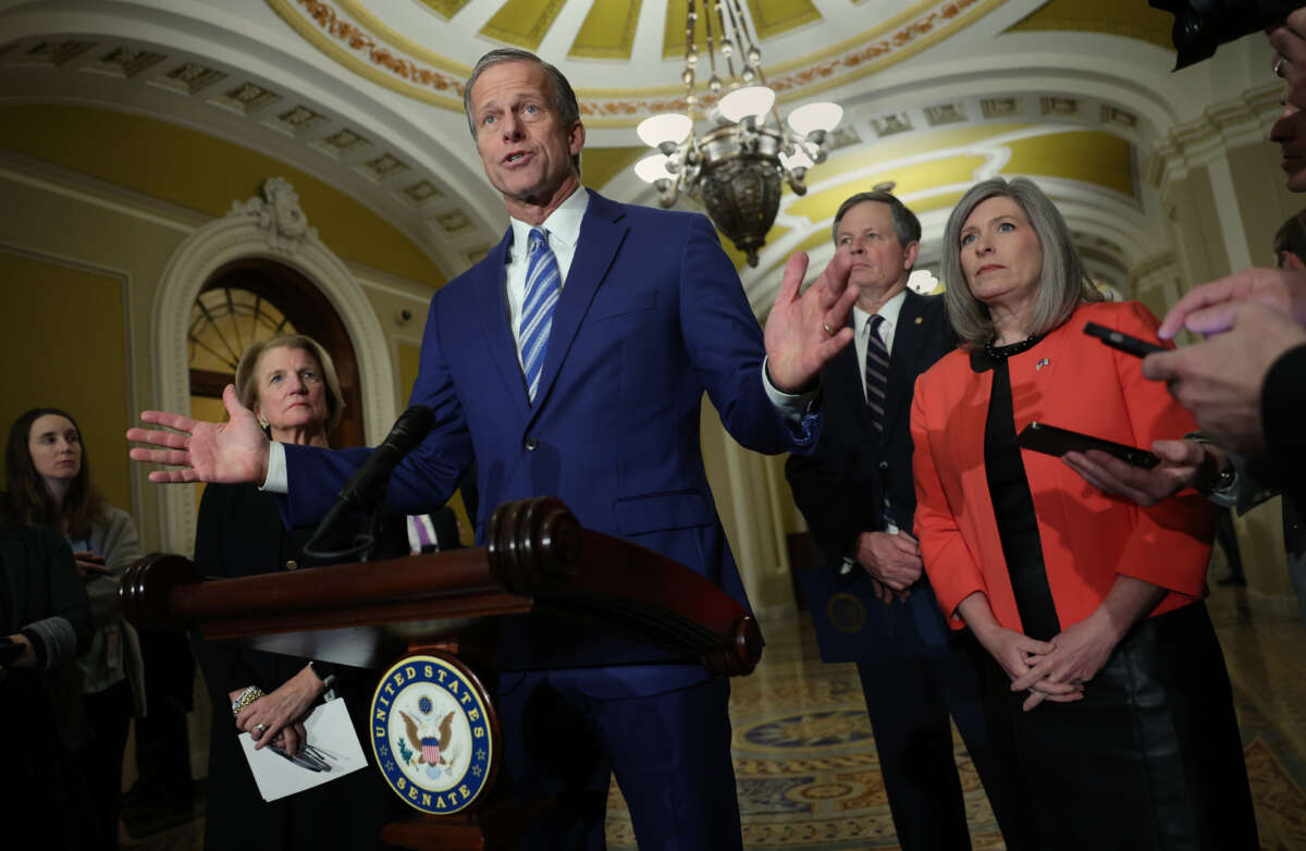 Sen. John Thune speaks after a Republican policy luncheon at the U.S. Capitol on March 28, 2023, in Washington, D.C.