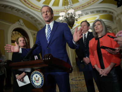 Sen. John Thune speaks after a Republican policy luncheon at the U.S. Capitol on March 28, 2023, in Washington, D.C.