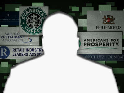 Illustration of white cut-out figure obscuring several company logos, including Starbucks, Americans for Prosperity, Philip Morris, and more