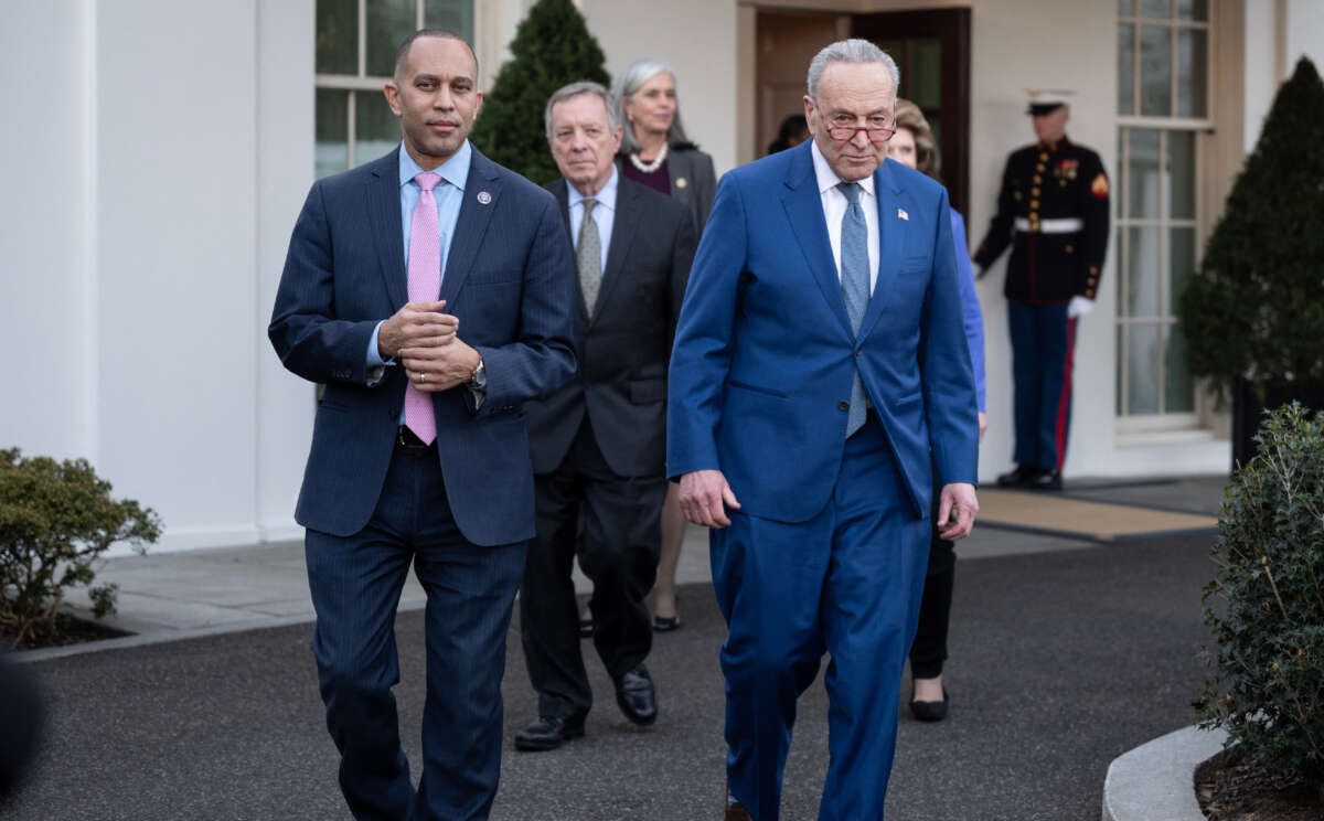 House Minority Leader Hakeem Jeffries, Sen. Dick Durbin, Rep. Katherine Clark and Senate Majority Leader Chuck Schumer walk out of the West Wing after meeting with President Joe Biden at the White House in Washington, D.C., on January 24, 2023.