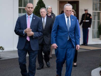 House Minority Leader Hakeem Jeffries, Sen. Dick Durbin, Rep. Katherine Clark and Senate Majority Leader Chuck Schumer walk out of the West Wing after meeting with President Joe Biden at the White House in Washington, D.C., on January 24, 2023.