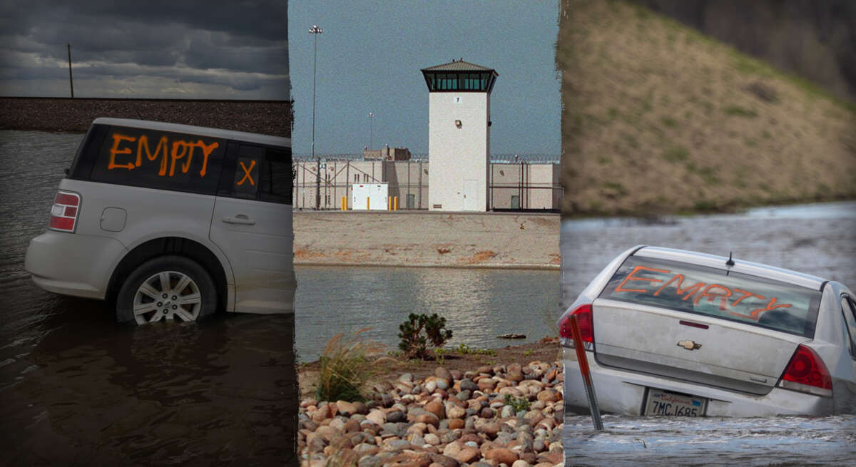 Cars left stranded in widespread flooding near Corcoran, California, on March 23, 2023, are pictured alongside the California Substance Abuse Treatment Facility and California State Prison-Corcoran.