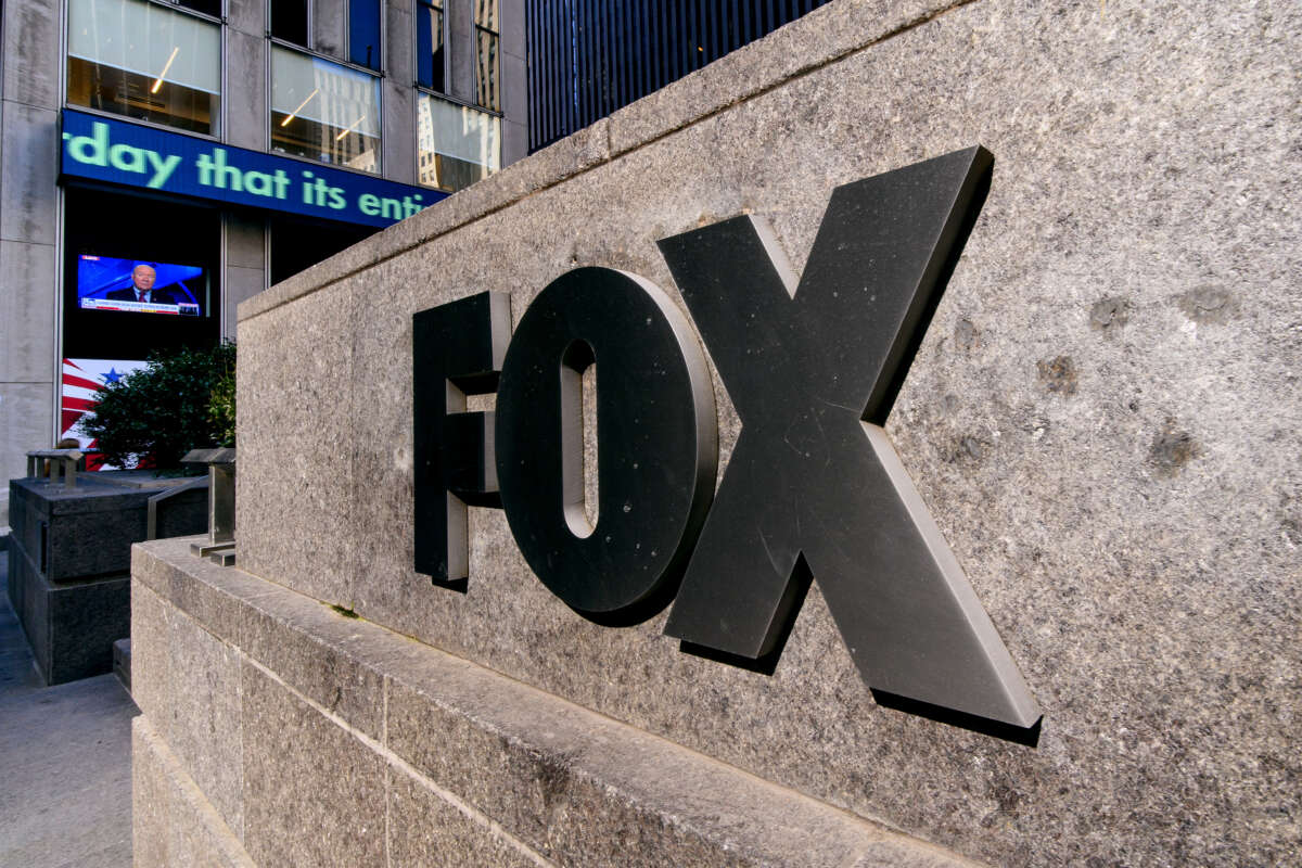 A view of the Fox logo outside the News Corp Building on 5th Ave. on March 21, 2023, in New York City.