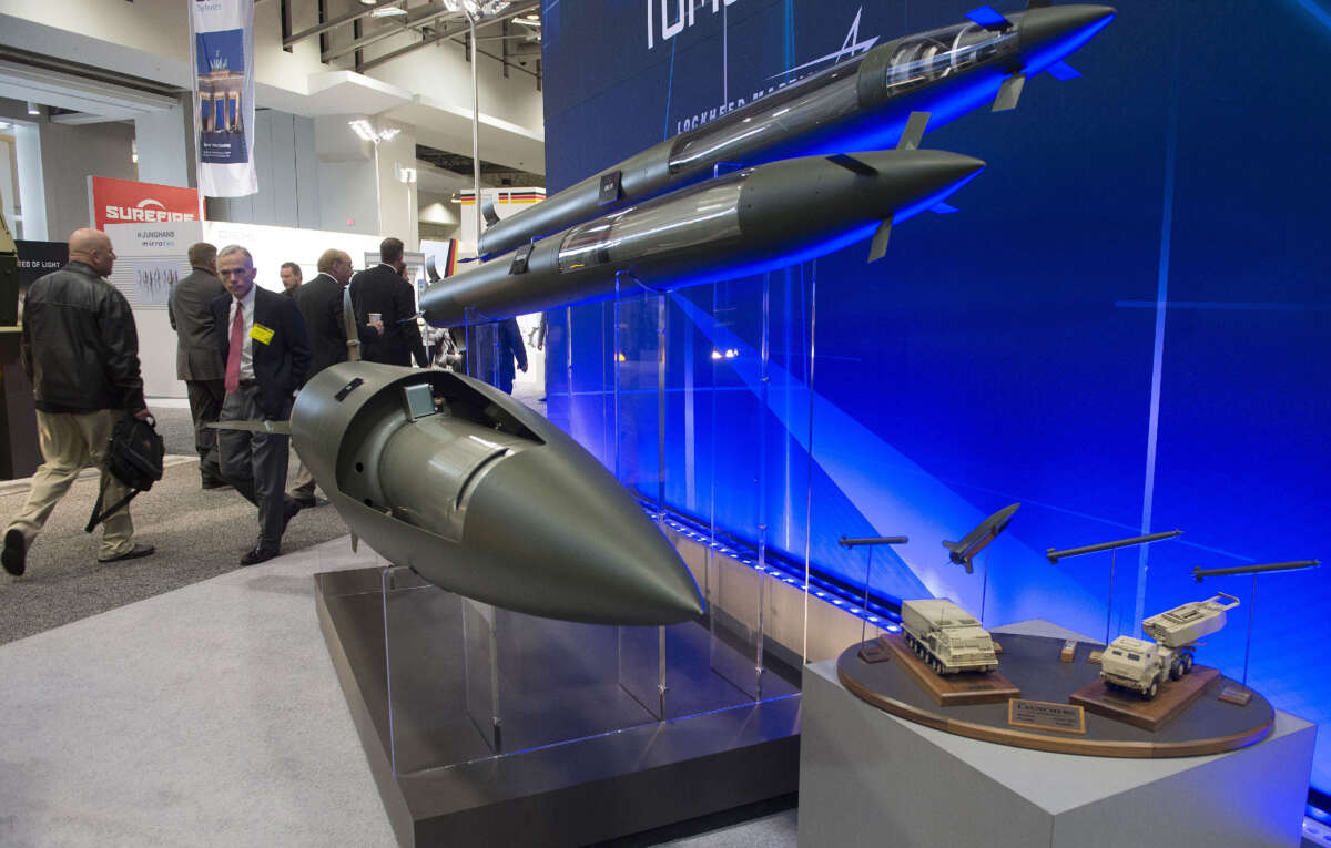 Missiles manufactured by Lockheed Martin are displayed during the Association of the United States Army Annual Meeting and Exposition in Washington, D.C., on October 13, 2014.