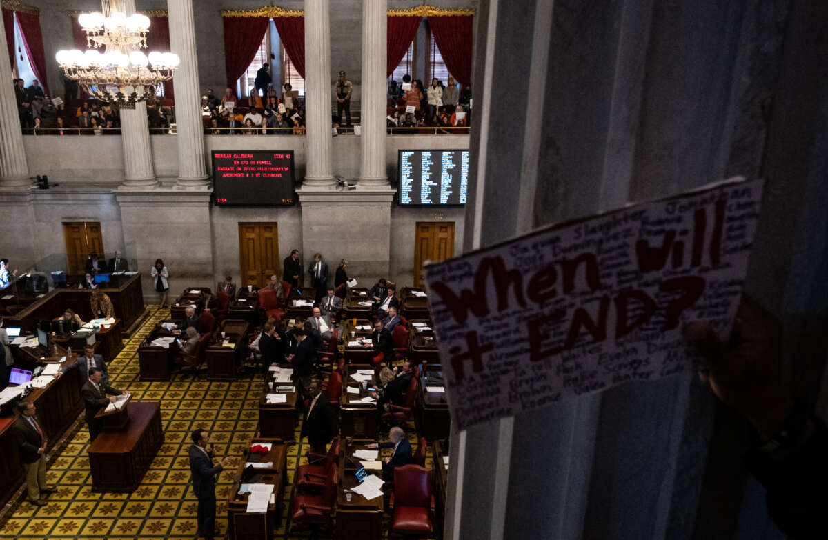 Protesters gather inside the Tennessee State Capitol to call for an end to gun violence and support stronger gun laws on March 30, 2023, in Nashville, Tennessee.