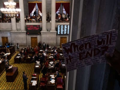 Protesters gather inside the Tennessee State Capitol to call for an end to gun violence and support stronger gun laws on March 30, 2023, in Nashville, Tennessee.