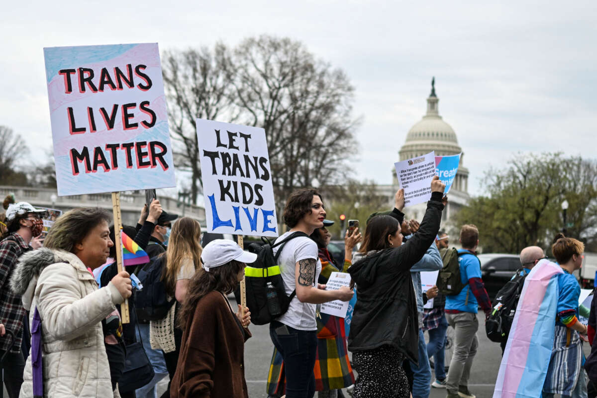 Supporters of LGBTQ rights march from Union Station towards Capitol Hill in Washington, D.C., on March 31, 2023.