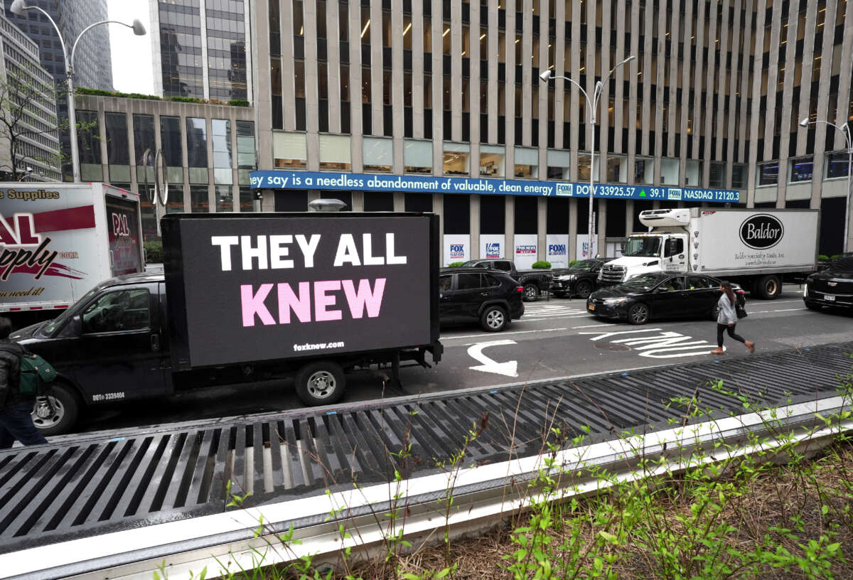 A mobile billboard deployed by Media Matters circles Fox News Corp headquarters on April 17, 2023, in New York City.