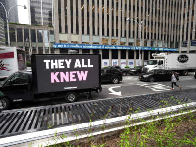 A mobile billboard deployed by Media Matters circles Fox News Corp headquarters on April 17, 2023, in New York City.