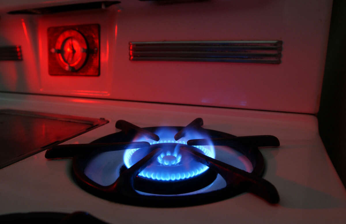 A lit gas range