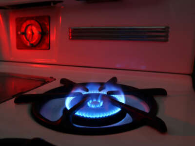 A lit gas range