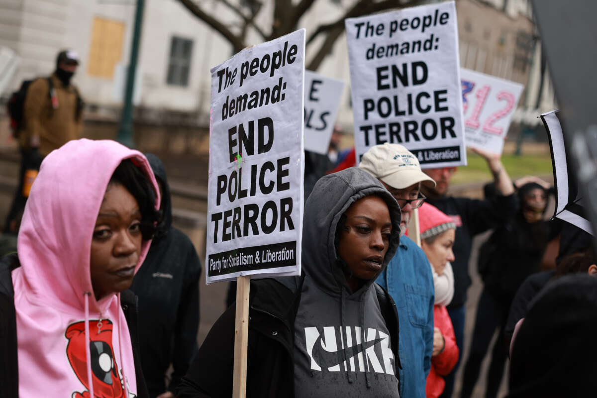 Demonstrators protest the death of Tyre Nichols on January 28, 2023, in Memphis, Tennessee.