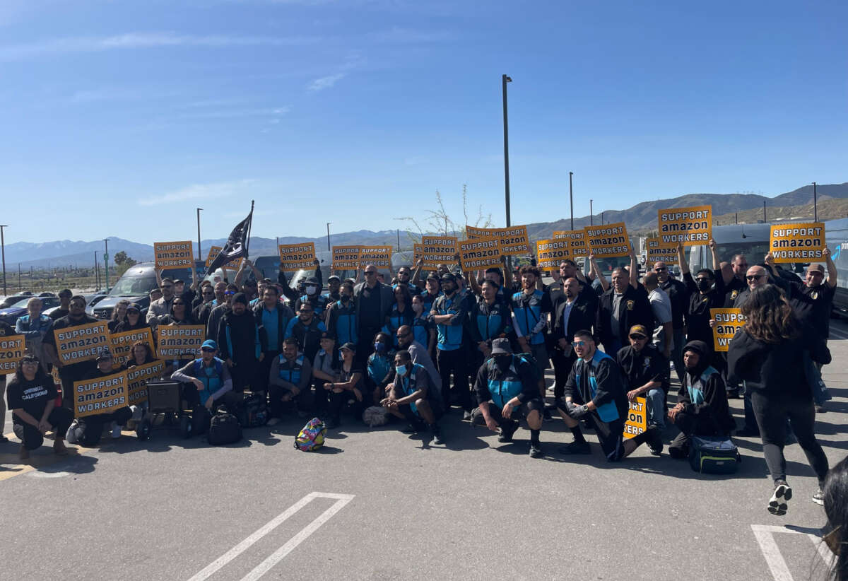 Amazon drivers and dispatchers in Palmdale, California, are pictured after joining the International Brotherhood of Teamsters and reaching a tentative agreement containing workplace improvements.