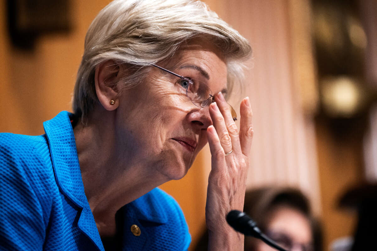 Sen. Elizabeth Warren is pictured during a Senate Finance Committee hearing in Dirksen Building on April 19, 2023.