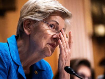 Sen. Elizabeth Warren is pictured during a Senate Finance Committee hearing in Dirksen Building on April 19, 2023.