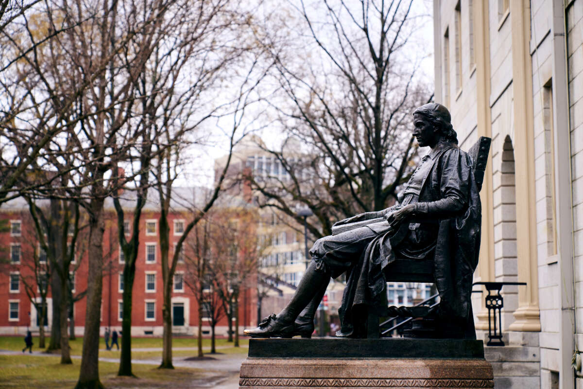 A statue of John Harvard is pictured at Harvard University in Boston, Massachusetts.