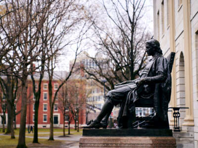 A statue of John Harvard is pictured at Harvard University in Boston, Massachusetts.