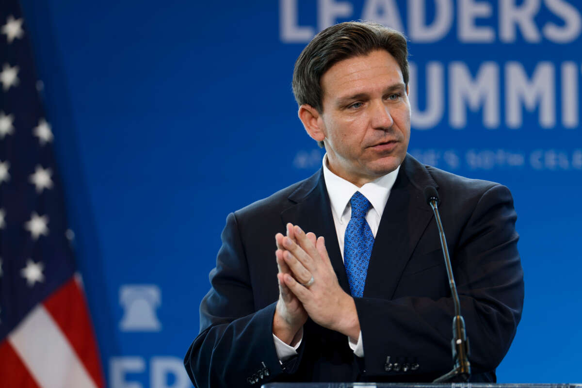 Florida Gov. Ron DeSantis gives remarks at the Heritage Foundation's 50th Anniversary Leadership Summit at the Gaylord National Resort & Convention Center on April 21, 2023, in National Harbor, Maryland.