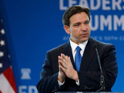 Florida Gov. Ron DeSantis gives remarks at the Heritage Foundation's 50th Anniversary Leadership Summit at the Gaylord National Resort & Convention Center on April 21, 2023, in National Harbor, Maryland.