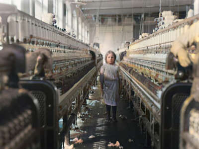 A colorized photo depicts a child laborer standing among machinery in a cotton mill in Newbery, South Carolina, 1908.