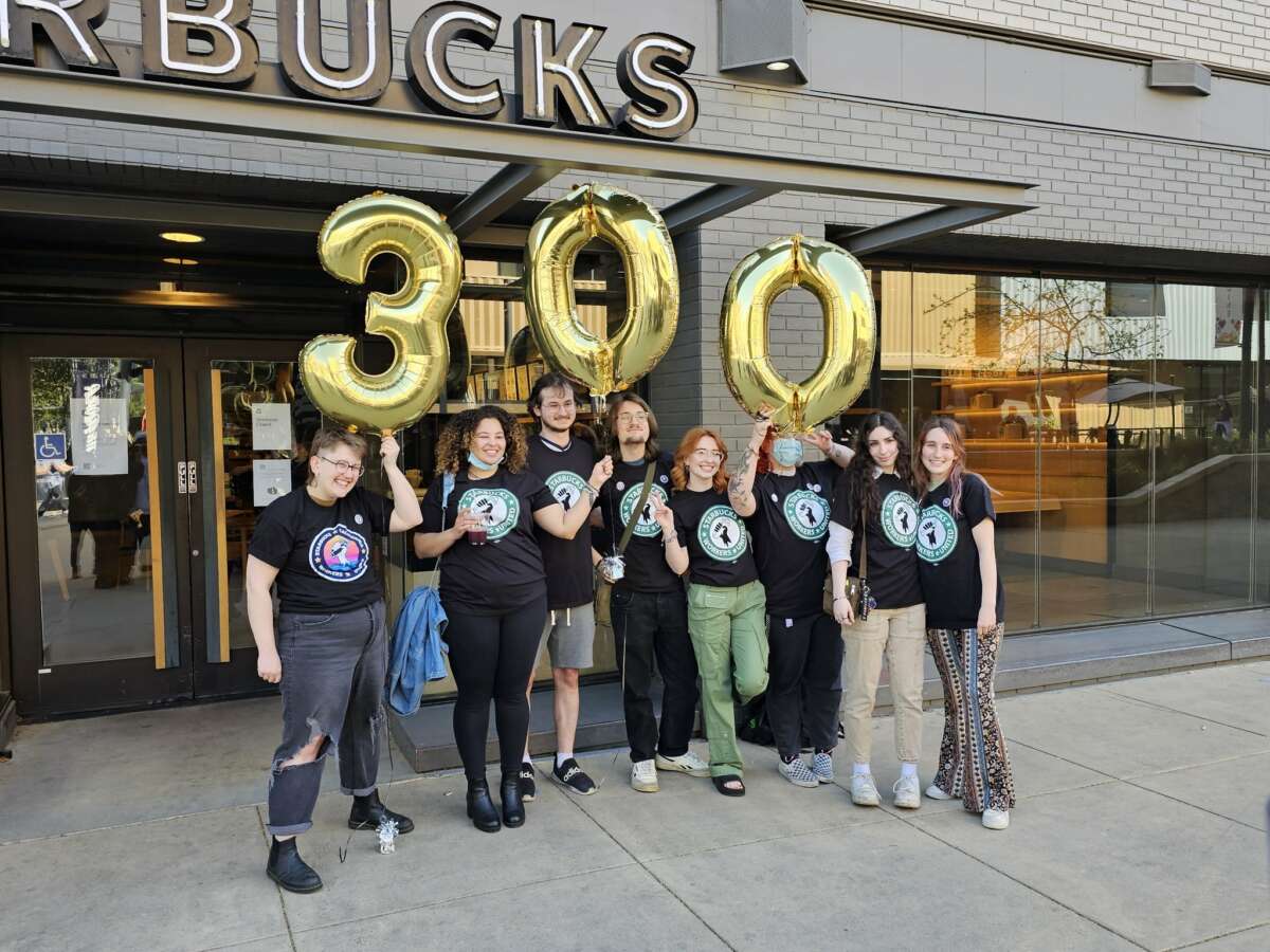 Starbucks workers celebrate the 300th store to unionize in Sacramento, California.