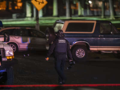 Portland police investigate a shooting that left one dead and five others injured during a protest for Amir Locke, killed by Minneapolis police, on February 19, 2022, in Portland, Oregon.