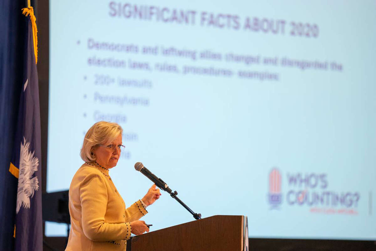 Cleta Mitchell speaks about election integrity at the South Carolina Republican Party's inaugural "First in the South Republican Action Conference" in Myrtle Beach, South Carolina, on August 27, 2022.